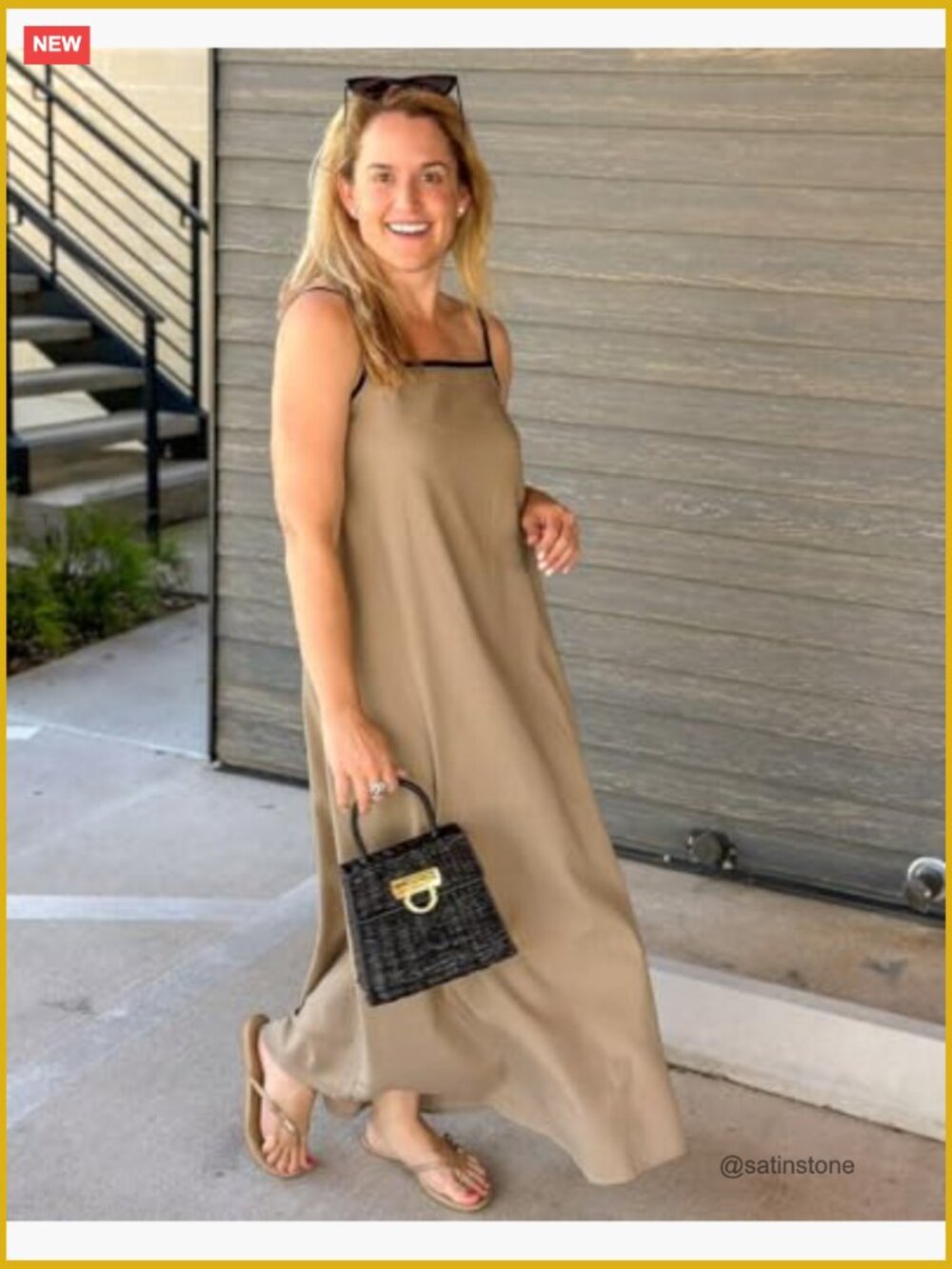 Linen Maxi Dress with Contrast Trim, Spaghetti Straps, Backless, Side Pockets - Picture 3 of 7